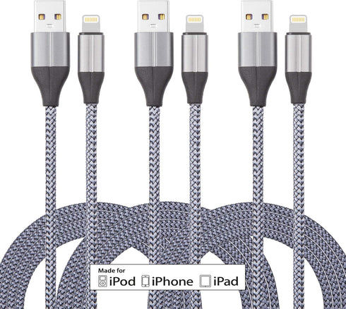 10ft iPhone Charger Cable (3 Pack) - MFi Certified Nylon Braided Lightning USB for iPhone 11/Pro/X/Xs Max/XR/8 Plus/7