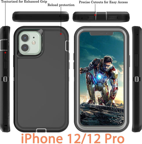 YmhxcY Shockproof Case for iPhone 12 & 12 Pro, 3-Layer Durable Protection, Heavy Duty Cover, Black and Grey