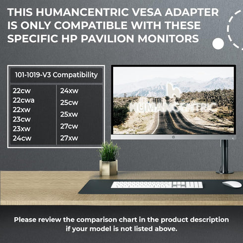 HumanCentric VESA Mount Adapter for HP Pavilion 27xw, 25xw, 24xw, 23xw, 22xw, 22cwa, 27cw, 25cw, 24cw, 23cw, 22cw