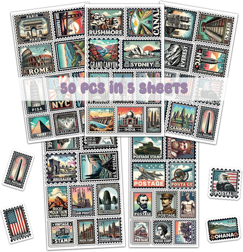 Pack 50 PCS Stamp Sticker Print Envelopes, Waterproof Vinyl Decals Vintage Items for Kids Teens Adults, Labels for
