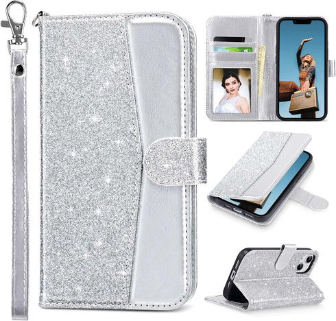 ULAK Wallet Case for iPhone 14 Plus, Card Holder, Flip Case for Women, PU Leather Kickstand, Shockproof, Silver