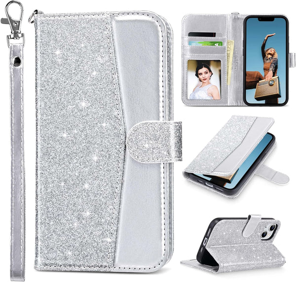 ULAK Wallet Case for iPhone 14 Plus, Card Holder, Flip Case for Women, PU Leather Kickstand, Shockproof, Silver