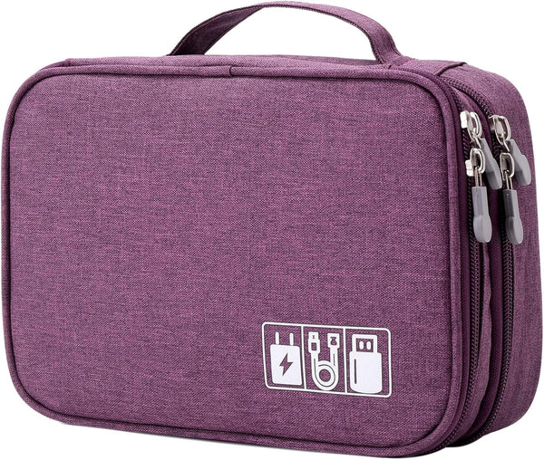 Travel Cable Organizer Bag, Portable Double Layer Case for Cord, Phone, Charger, SD Card (Purple)
