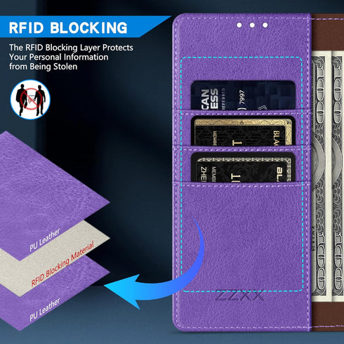ZZXX for iPhone 14 Pro Wallet Case, RFID Blocking, Card Slot, Kickstand, Magnetic Closure, Purple
