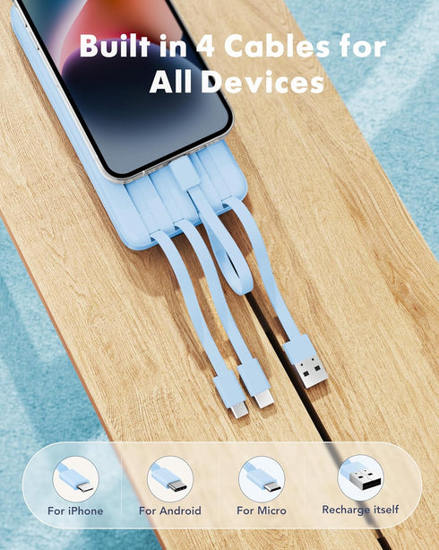 Portable Charger with Built-in Cables, 10000mAh Slim Travel Battery Pack, 6 Outputs, 3 Inputs, 3A Fast Charging for