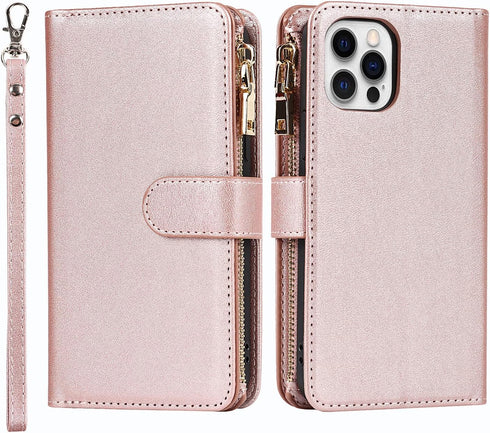 Jaorty Wallet Case for iPhone 12 Pro, 9 Card Slots, Wrist Strap, Zipper Cash Pocket, Magnetic Leather Cover, Rosegold