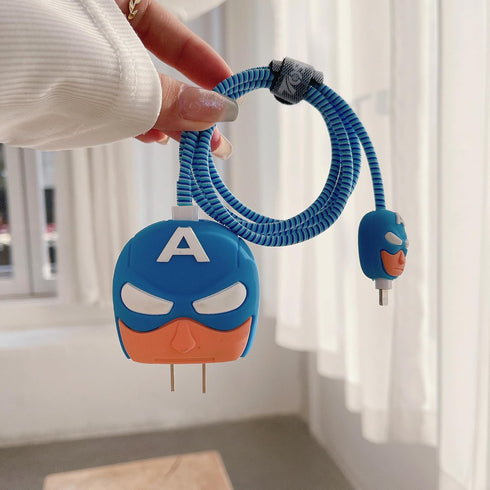 3D Cute Cartoon Charger Protector Case for Apple 20W USB-C Power Adapter and Lightning Cable (Captain America)