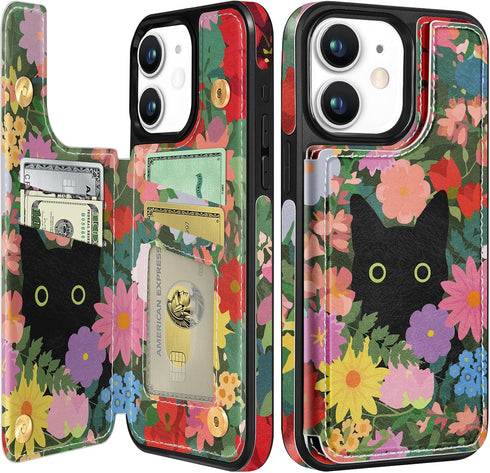 Shorogyt Wallet Case for iPhone 11, Designer Floral Cat Pattern Kickstand Magnetic Clasp Leather Phone Case