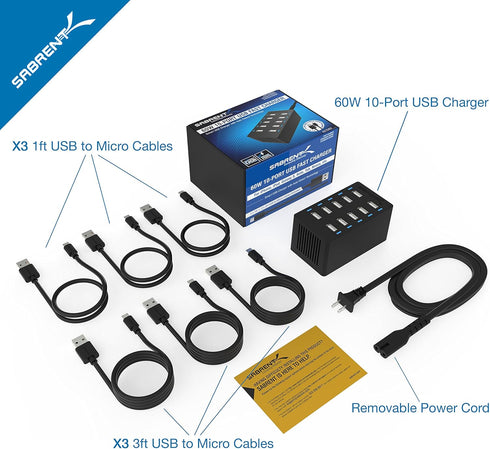 SABRENT 60 Watt 10-Port Family-Sized Desktop USB Rapid Charger, 6 Micro USB Cables, Black
