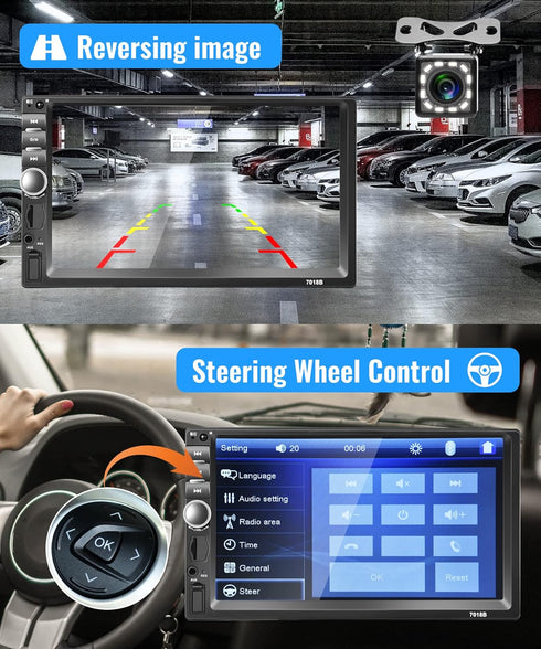 Rimoody 7 Inch Car Stereo Double Din Radio, Bluetooth Handsfree, Touch Screen, USB SD FM Multimedia with Backup Camera