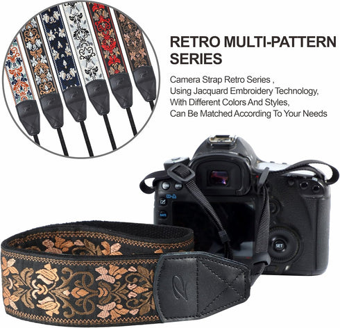 Padwa Lifestyle Camera Strap, 2" Wide Vintage Jacquard Embroidery Flower Strap with Genuine Leather Head