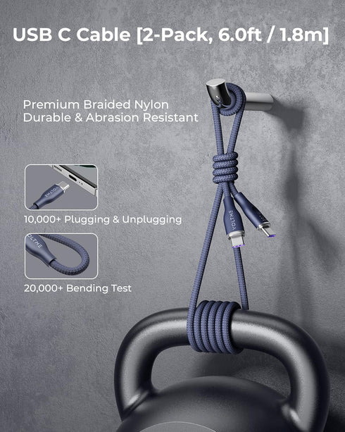 VOLTME USB C Cable (6ft 100W, 2-Pack), Premium Nylon USB C to USB C Cable 2.0, Type C Charging Cable Fast Charge for MacBook Pro 2020, iPad Pro 2021, Galaxy S22, Pixel, Switch and More-Blue by VOLTME
