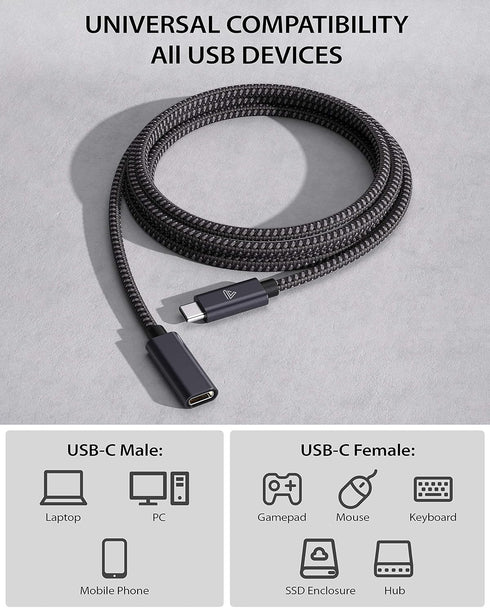 USB Type C Extension Cable Short (1.5ft/0.5M), 100W PD Fast Charging 10 Gbps USB 3.1 Gen 2 Data 4K USBC Male to Female