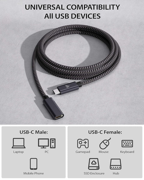 USB C Extension Cable 3.3Ft/1m, 10Gbps, USB 3.2 Type C Male to Female for iPhone 15, Pixel 8, MacBook Air M2, and more.