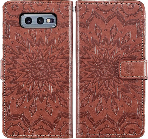 Samsung Galaxy S10e Wallet Phone Case with Tempered Glass Screen Protector, Magnetic Flip Cover, Card Holder (Brown)