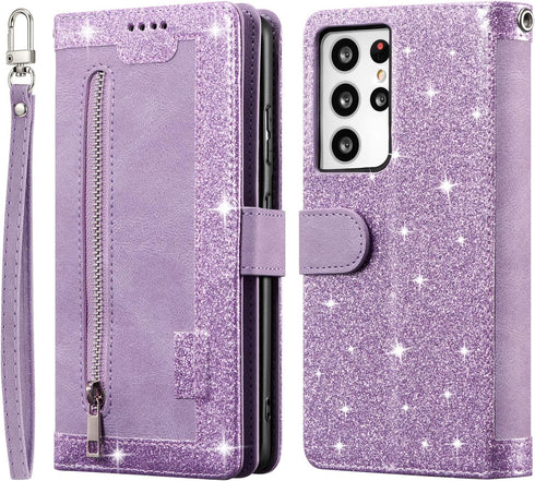 UEEBAI Wallet Case for Samsung Galaxy S21 Ultra 5G, Retro 9 Card Holder Slots, Zipper Pocket, Glitter Purple