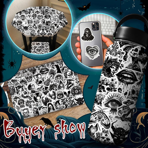 100PCS Waterproof Cool Gothic Stickers, Black and White Punk Vinyl Decals for Water Bottle, Phone Case, Laptop, Horror