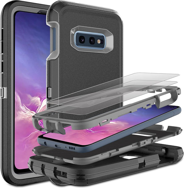 Galaxy S10E Case: 3-in-1 Heavy Duty Shockproof Protection with 2 Nano Explosion-Proof Films, Black/Grey