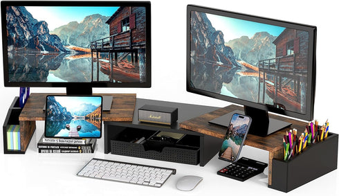 Simple Houseware Rustic Brown Desk Dual Monitor Stand Riser with Drawer