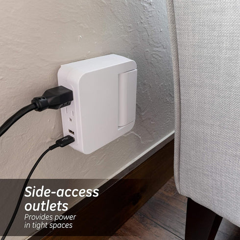 GE Pro Side-Access Swivel Surge Protector, 2 Pack, 5-Outlet Extender with 2 USB Ports, Wall Tap Adapter, White