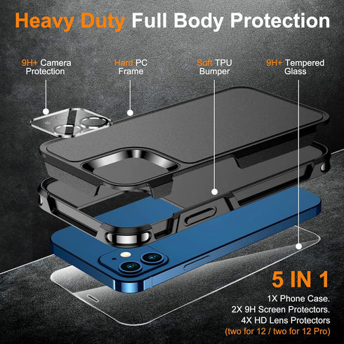Temdan Non-Slip Shockproof Case for iPhone 12/12 Pro, 12 FT Military Grade Drop Protection with 2 Pack Glass Screen &