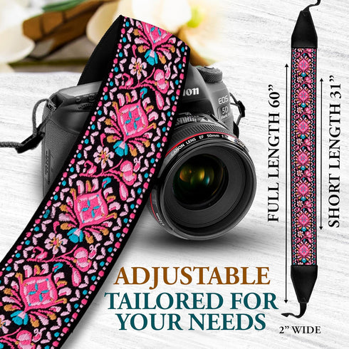 Art Tribute Pink Woven Camera Strap, Embroidered Elegant Universal Neck & Shoulder Strap for All DSLR and SLR Cameras,