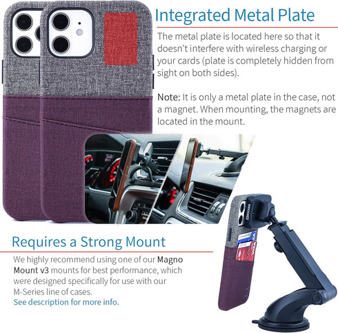 Dockem Wallet Case for iPhone 12 & 12 Pro, Built-in Metal Plate for Magnetic Mounting, Maroon and Grey