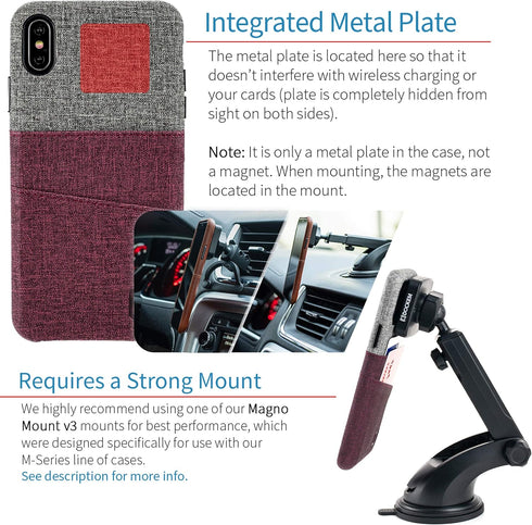 Dockem Wallet Case for iPhone Xs Max (6.5") - Luxe M2 Synthetic Leather, Maroon & Grey, Built-in Metal Plate for