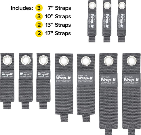 Heavy-Duty Wrap-It Storage Straps, Assorted 10-Pack, Hook and Loop Organizer, Graphite Gray