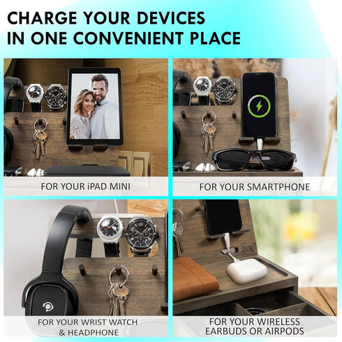 Nightstand Organizer, Rustic Bedside Organizer for Cellphone & Accessories, Unique Birthday Gifts for Men