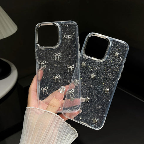 Bling Glitter 3D Bow Stars Clear Phone Case Compatible with iPhone 13 Pro (Bow)
