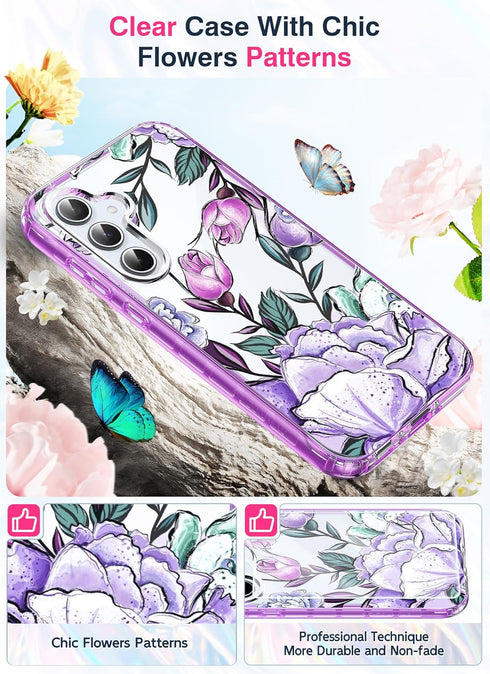 LeYi for Samsung Galaxy A35-5G Phone Case: with Glass Screen Protector, Dual Layer Exquisite Cute Flower Floral Pattern Full Body Protective Rugged Shockproof A 35 5G Case Cover for Women Girl, Purple