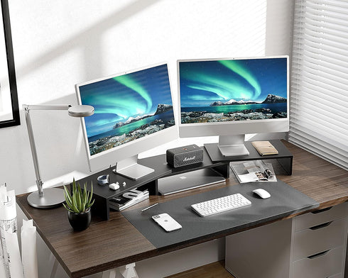 FITUEYES Dual Monitor Stand - 3 Shelf Computer Monitor Riser, Adjustable Wood Desktop Stand for Office Supplies, Medium