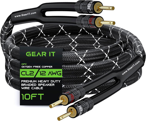 GearIT 12AWG Speaker Cable Wire with Gold-Plated Banana Tip Plugs, 10 Feet, In-Wall CL2 Rated, Heavy Duty Braided,