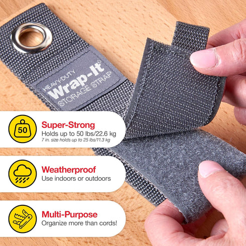 Heavy-Duty Wrap-It Storage Straps, Assorted 10-Pack, Hook and Loop Organizer, Graphite Gray
