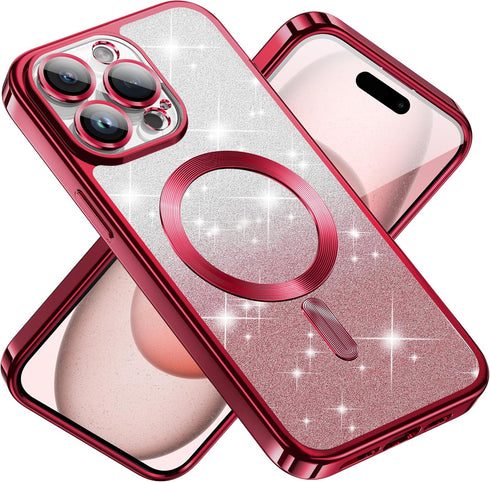 Jmltech iPhone 15 Pro Max Case - Cute Transparent Silicone, Magnetic Shockproof, Luxury Plating, Gradient Glitter Blue.