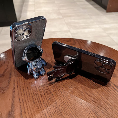 Astronaut iPhone 13 Pro Case - Black Kickstand Cover with Camera Protector & Folding Bracket, Black Bumper & Back.