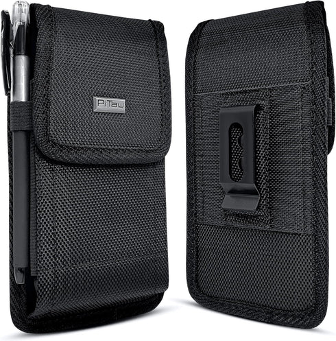PiTau Black Nylon Holster for iPhone 15, 14, 13, 12, 11, XR - Cell Phone Belt Holder Case with Clip (Fits with Case)