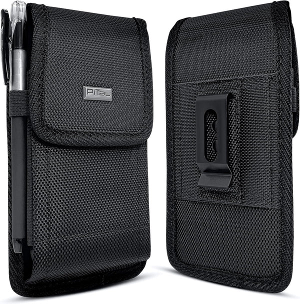 PiTau Black Nylon Holster for iPhone 15, 14, 13, 12, 11, XR - Cell Phone Belt Holder Case with Clip (Fits with Case)