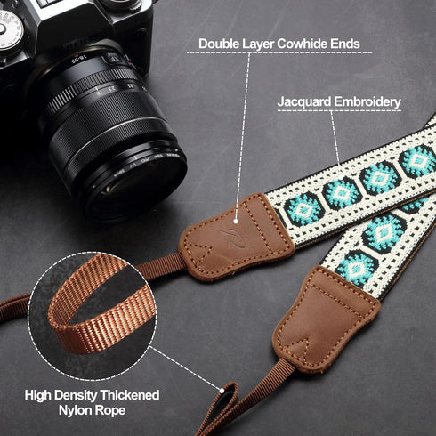 Padwa Lifestyle Camera Strap - 1.5" Crazy Horse Cowhide Head Cotton Strap, Vintage Embroidery for Cameras
