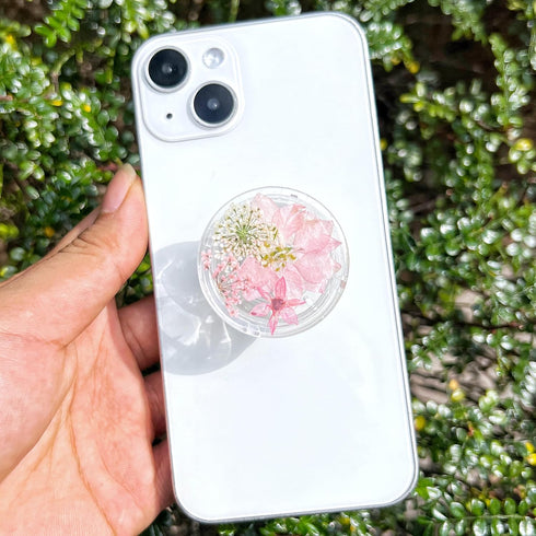 Pressed Pink Flowers Phone Grip, Handmade Dried Flowers Clear Stand, Expanding Cell Phone Charms Accessory