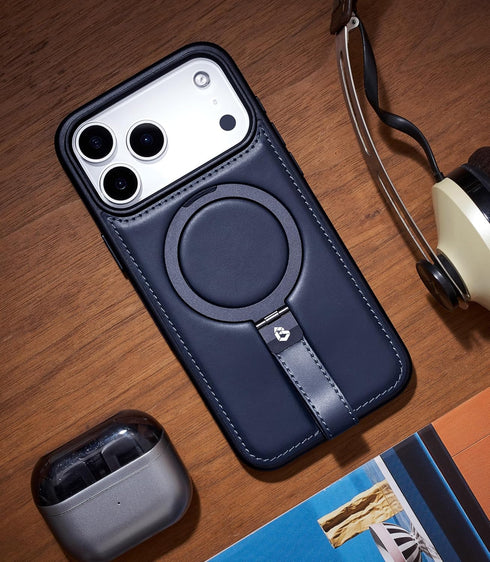 Butaiga 17 17 for iPhone Pro Max Leather Case with Stand, Anti-Slip Grip Ring, Fits for MagSafe (Blue, iPhone Pro Max)