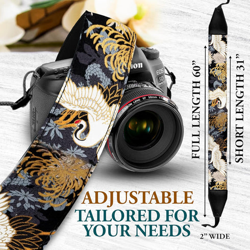 Art Tribute Vintage Camera Strap for All DSLR and Mirrorless Cameras, Black Crane Gold Foil Design
