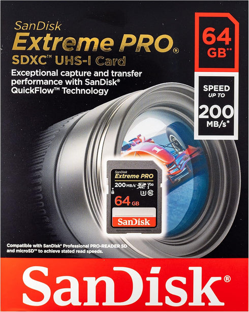 SanDisk Extreme Pro 64GB SD Card for Nikon Camera Works with Nikon Z50, Z5 Mirroless, D780 Digital DSLR (SDSDXXU-064G-GN4IN) Bundle with (1) Everything But Stromboli Micro & SDXC Memory Card Reader