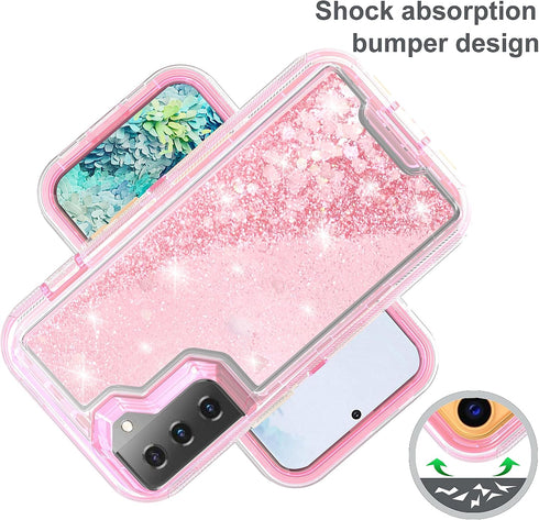 Asuwish Samsung Galaxy S21 5G Case - 6.2" Bling Liquid Glitter, Clear Hybrid TPU, Military Grade, Heavy Duty, Pink for