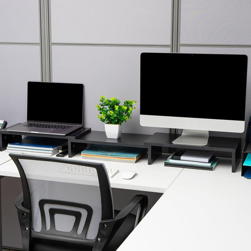 Mind Reader Dual Monitor Stand, Height Adjustable Desktop Organizer, Laptop Riser, 51.25" L x 9.25" W x 4.75" H, Black