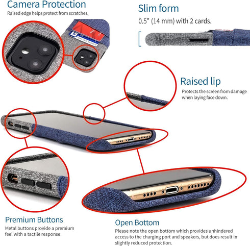 Dockem Wallet Case for iPhone 11, Built-in Metal Plate for Magnetic Mounting & 2 Card Holders (Blue & Grey)