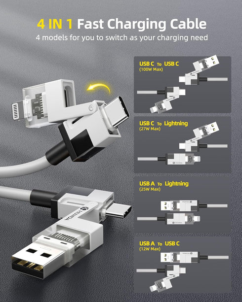 HUNDA 4 in 1 USB C to C Fast Charging Cable, Silicone USB C to Lightning Cable 100W Dual Type C Cable Combo Lightning/Type C/USB A Ports for iPhone 15/15 Pro/15 Pro Max,Android,Samsung etc,5ft