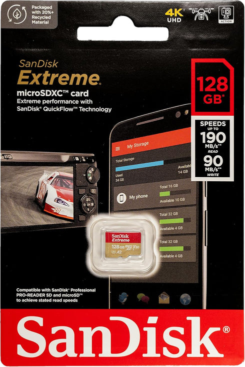 SanDisk 128GB Micro SDXC Extreme Memory Card for DJI Drones works with Avata and Goggles 2 (SDSQXAA-128G-GN6MN) Class 10 Bundle with 1 Everything But Stromboli Micro SD Card Reader