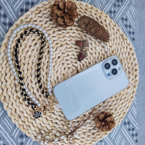 Phone Charm Anti-Lost Wrist Strap - Pearl Beaded Double Chains Hand Wrist Phone Straps for Keychain Wallet Camera